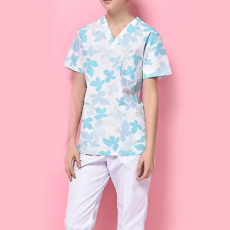 1 Set Maple Pattern Cotton Short Sleeve Hospital Working Uniform Two-pieces Clothes Fashion V Neck L