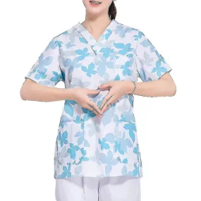 1 Set Maple Pattern Cotton Short Sleeve Hospital Working Uniform Two-pieces Clothes Fashion V Neck L