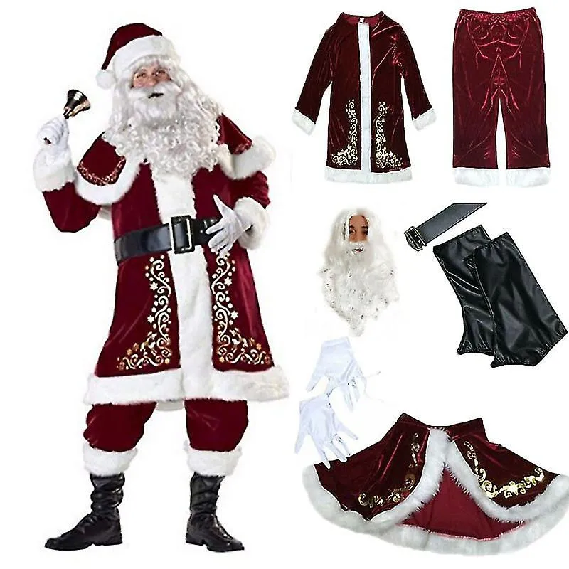 9pcs Navidad Cosplay Cosutmes Deluxe Navidad Papá Noel Padre Cosplay Traje adulto Fancy Vestido Completo Plus Size 2xl