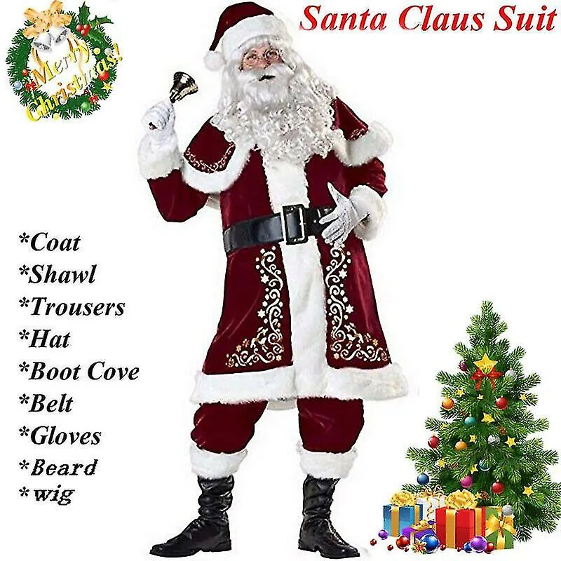 9pcs Navidad Cosplay Cosutmes Deluxe Navidad Papá Noel Padre Cosplay Traje adulto Fancy Vestido Completo Plus Size 2xl