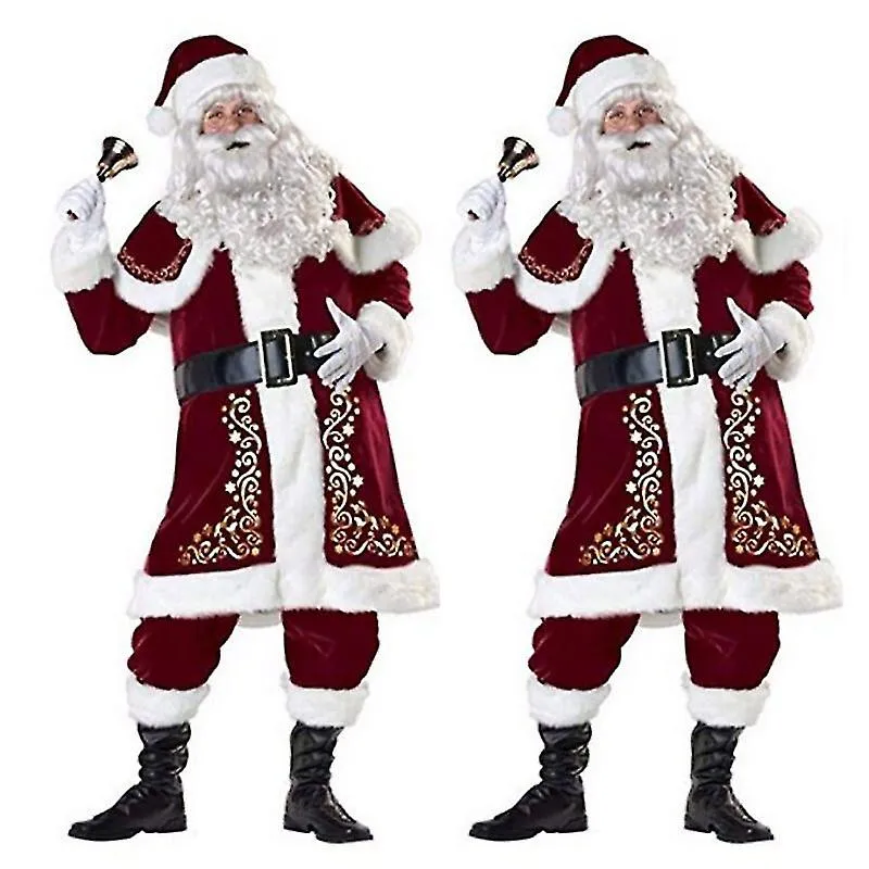 9pcs Navidad Cosplay Cosutmes Deluxe Navidad Papá Noel Padre Cosplay Traje adulto Fancy Vestido Completo Plus Size 2xl