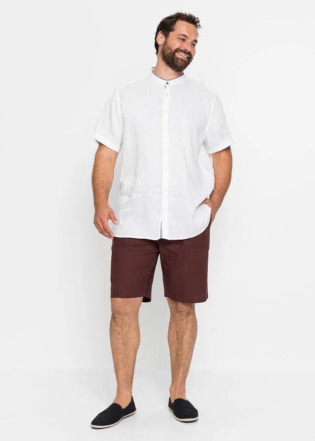 Camisa de lino con manga corta y cuello alto Blanco