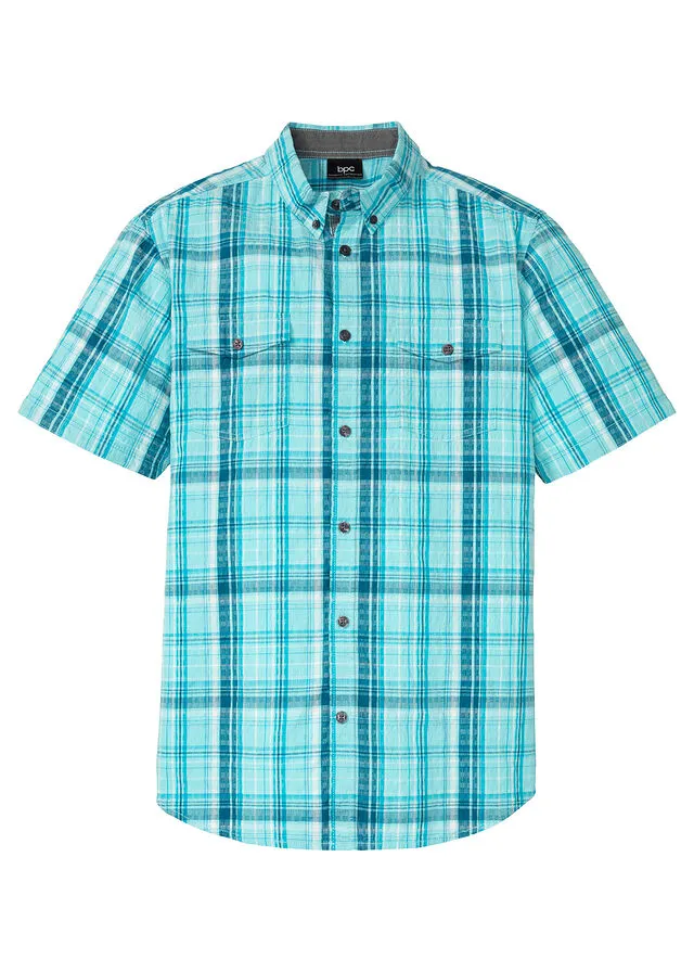 Camisa de manga corta seersucker turquesa / azul a cuadros