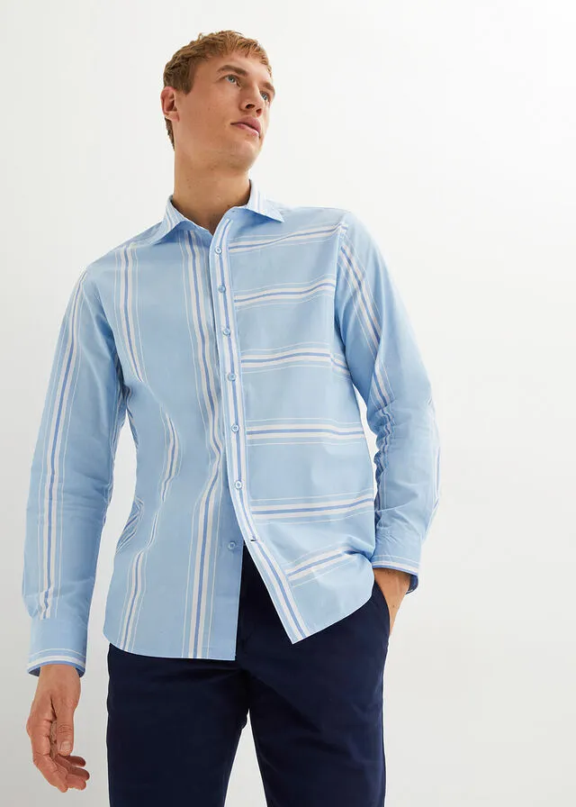 Camisa de manga larga azul claro-azul provenzal-blanco rayas verticales