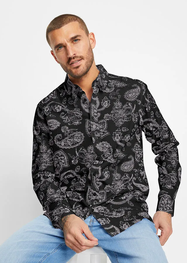 Camisa de manga larga Negro/gris ahumado con patrón paisley