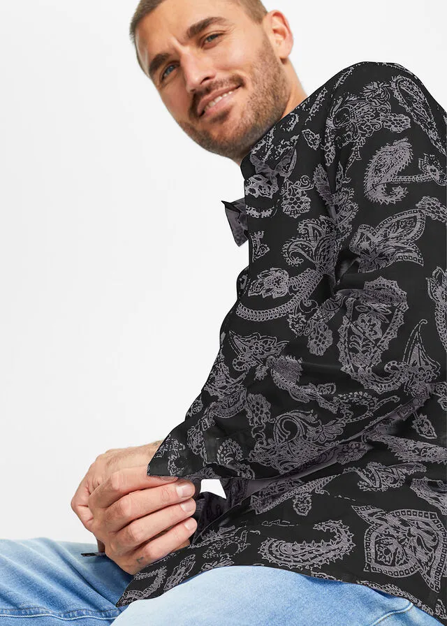 Camisa de manga larga Negro/gris ahumado con patrón paisley