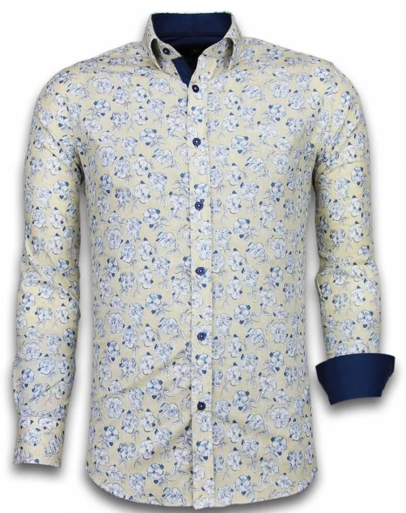 Camisas Italianas – Slim-fit Camisa Caballero - Blouse Drawn Flower Pattern - Beige