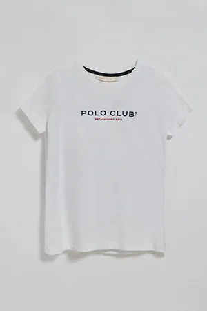 Camiseta de cuello redondo blanca con logo engomado Polo Club