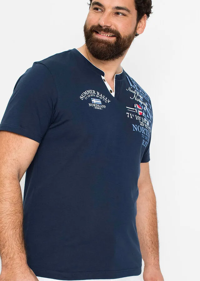 Camiseta de manga corta con cuello henley y estampado Azul oscuro