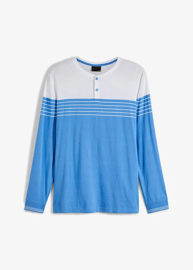 Camiseta henley de manga larga blanco-azul provenzal con rayas