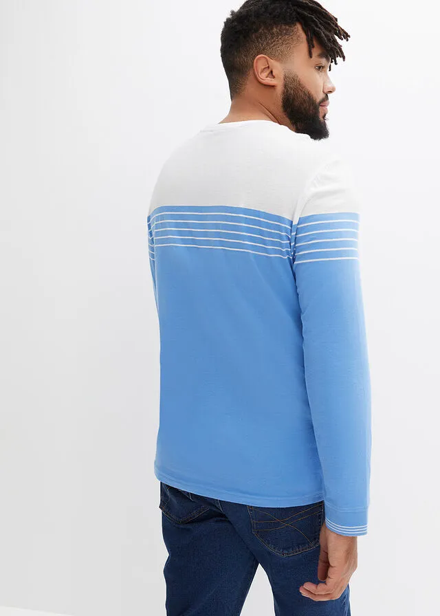 Camiseta henley de manga larga blanco-azul provenzal con rayas