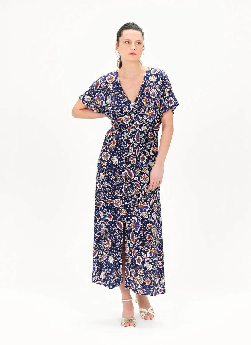 CAROLL RIVA - Vestido largo de flores con cuello de pico en azul