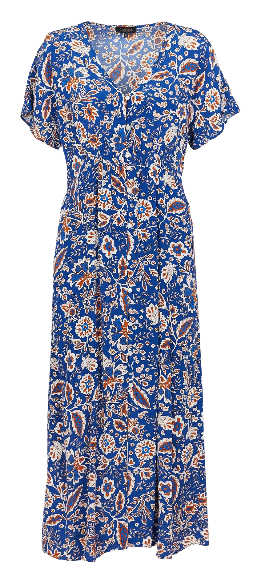 CAROLL RIVA - Vestido largo de flores con cuello de pico en azul