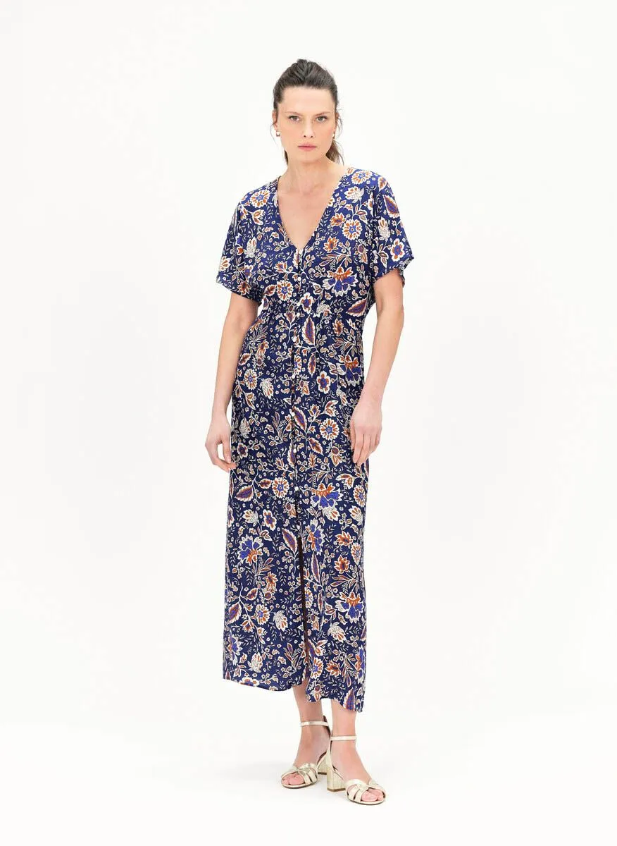 CAROLL RIVA - Vestido largo de flores con cuello de pico en azul