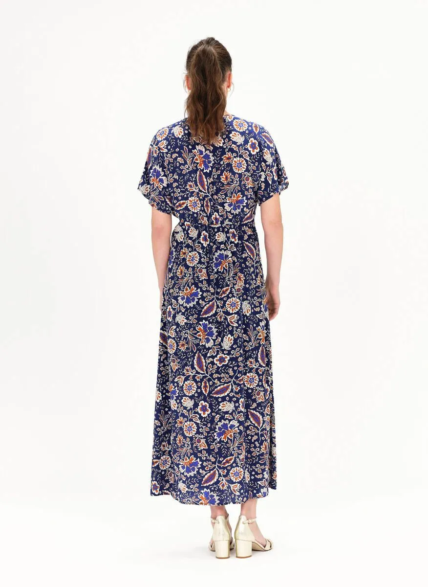 CAROLL RIVA - Vestido largo de flores con cuello de pico en azul