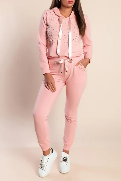 CONJUNTO DE CHANDAL CON CAPUCHA Y DETALLE DE PERLAS TINSELY, ROSA