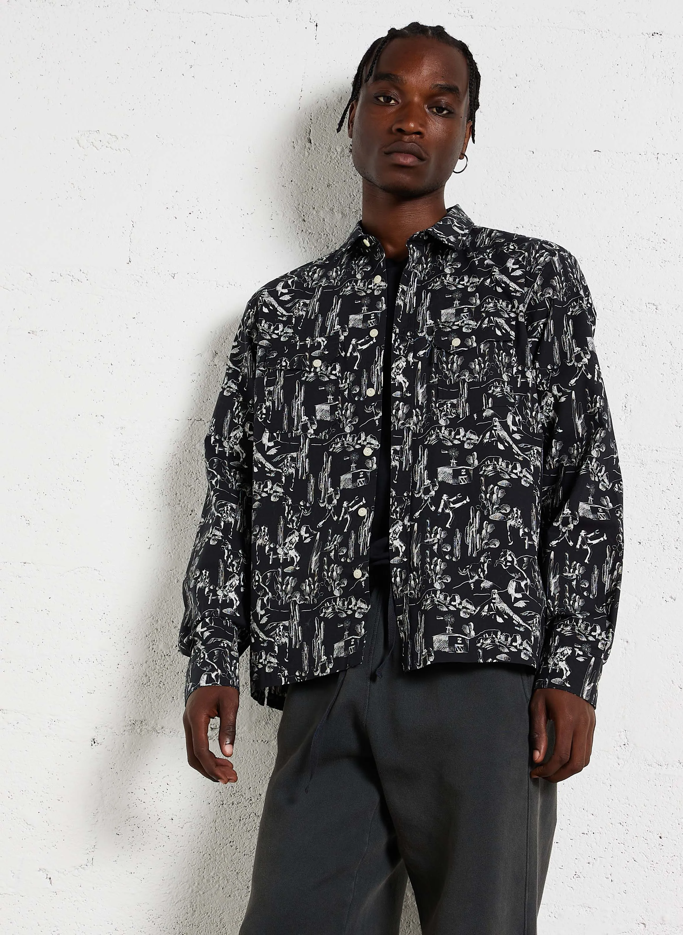 COWBOY - Camisa estampada de mezcla de algodón con cuello clásico en negro