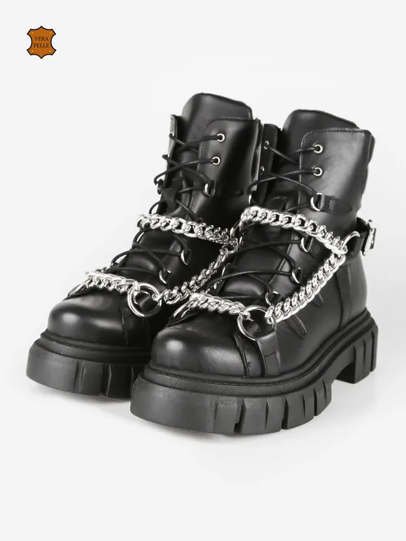 Dolce Moda Botas de combate de piel para mujer con cadenas