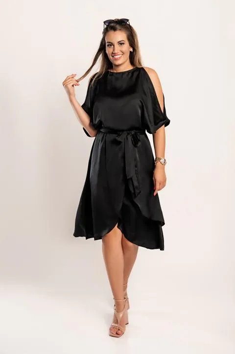 Elegante vestido midi con aberturas Thiena, negro