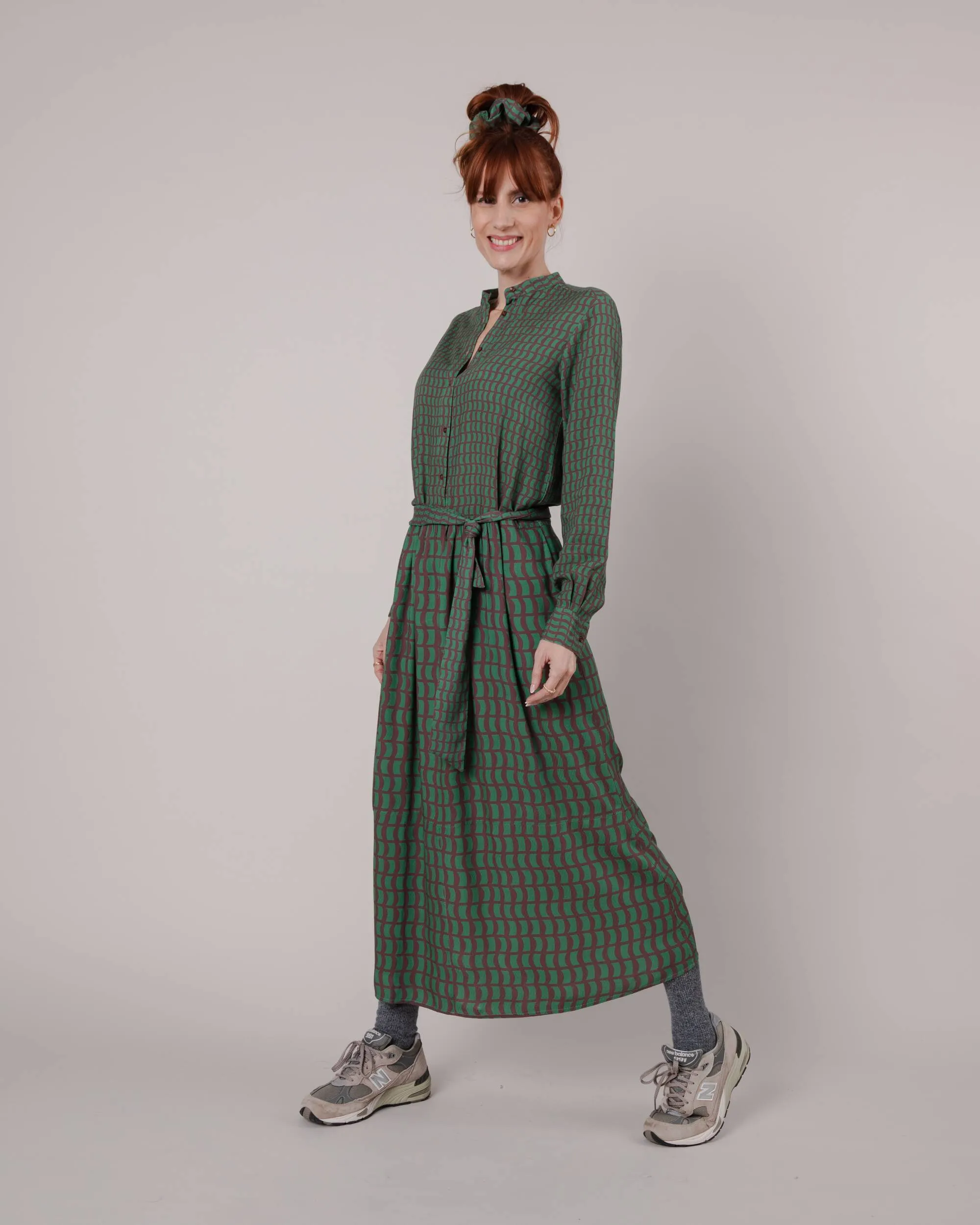 Geo Mao Long Sleeve Dress Green