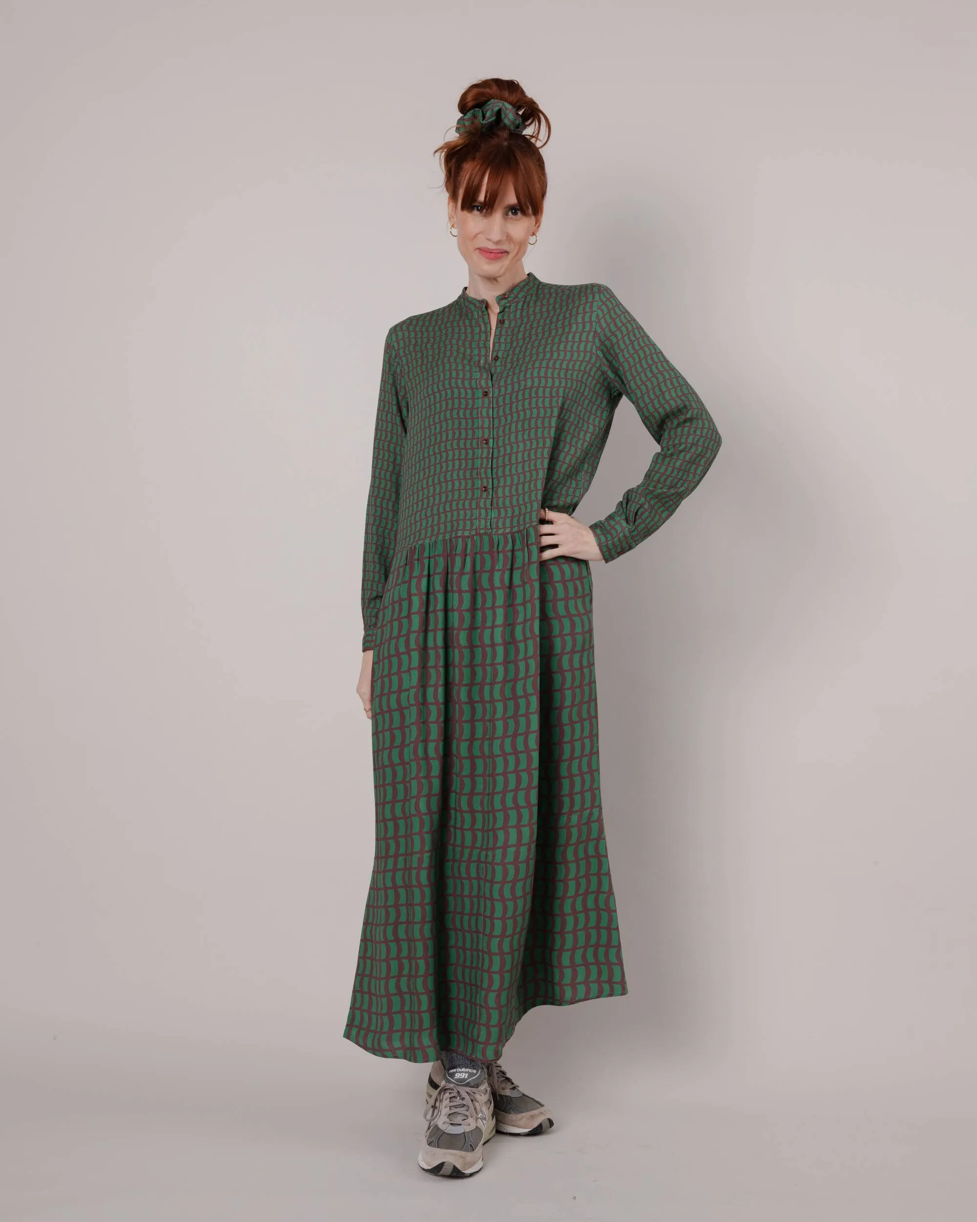 Geo Mao Long Sleeve Dress Green