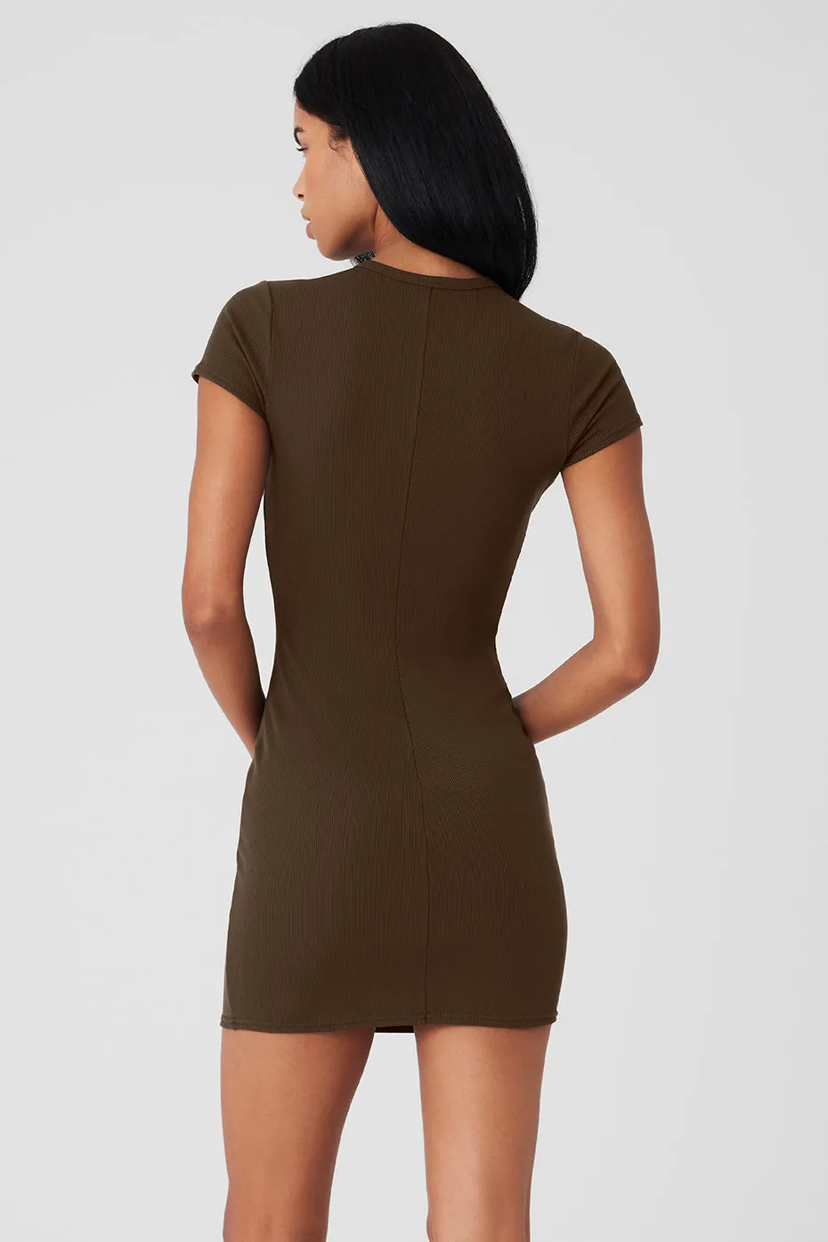 Goddess Ribbed Short Sleeve Dress - Espresso