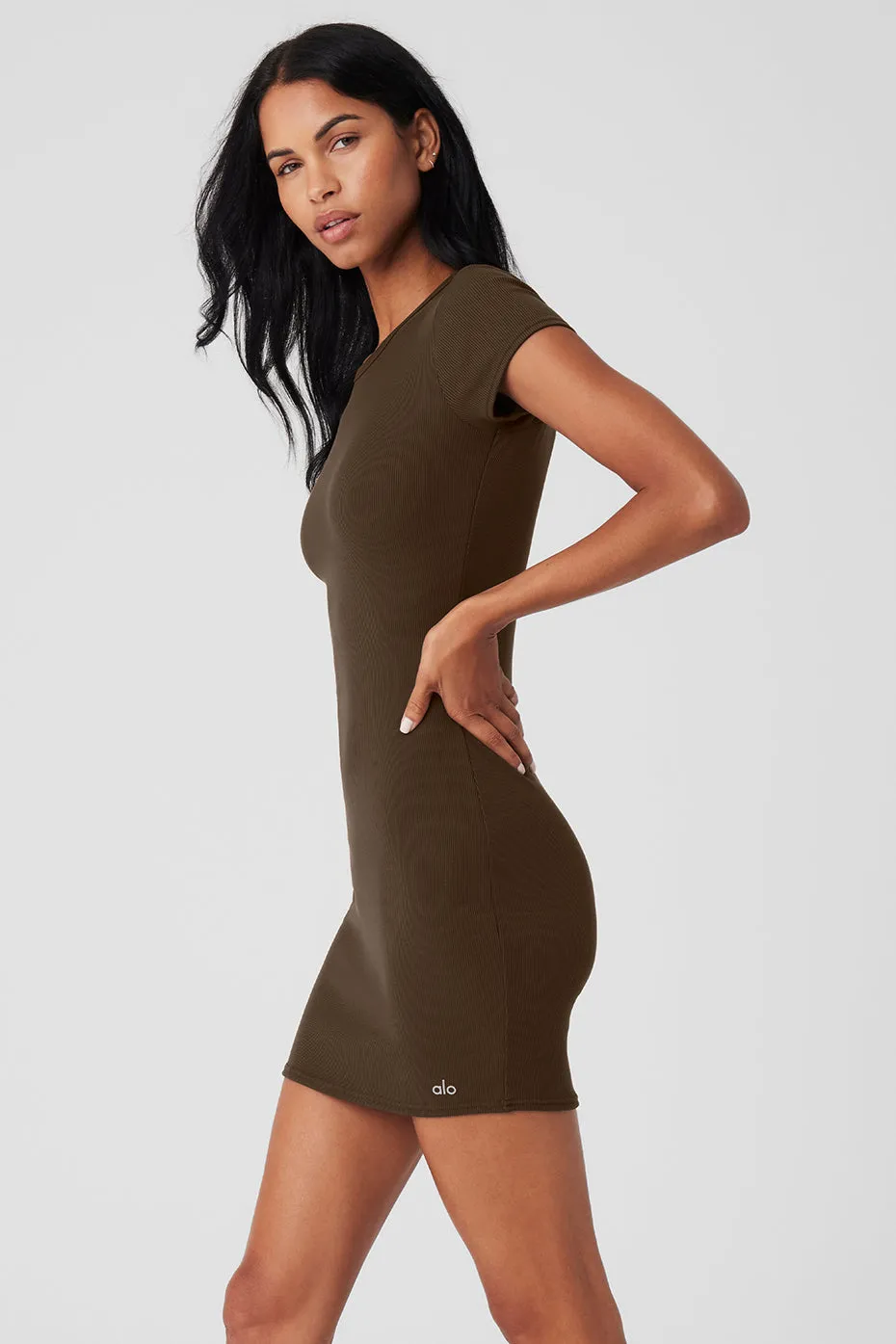 Goddess Ribbed Short Sleeve Dress - Espresso