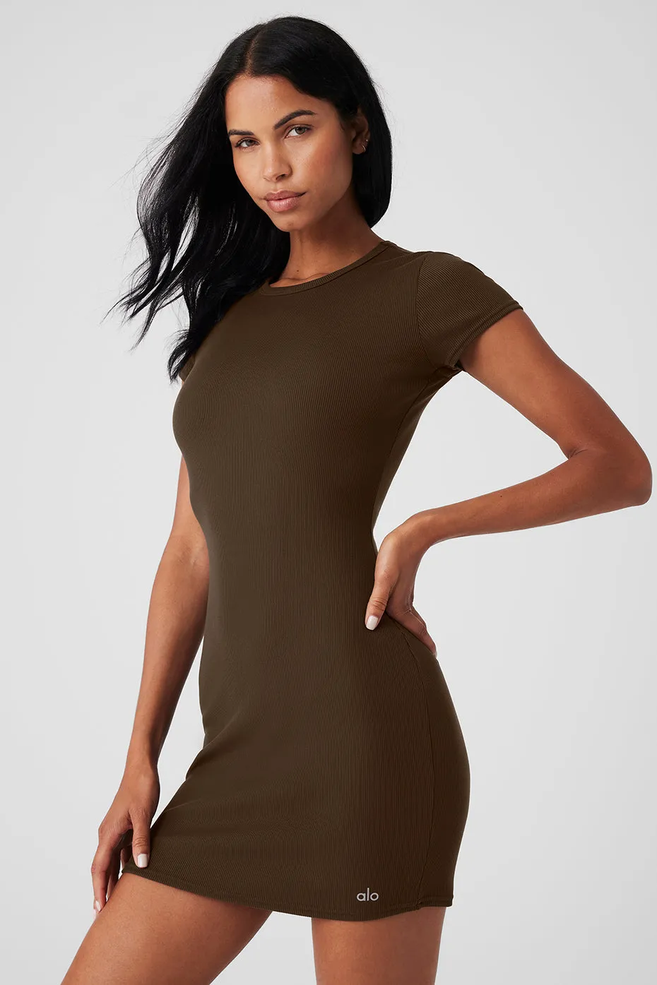 Goddess Ribbed Short Sleeve Dress - Espresso