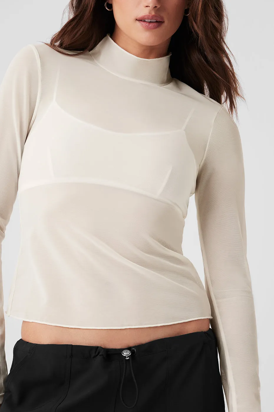 Mesh Sheer Illusion Mock Neck Long Sleeve - Ivory