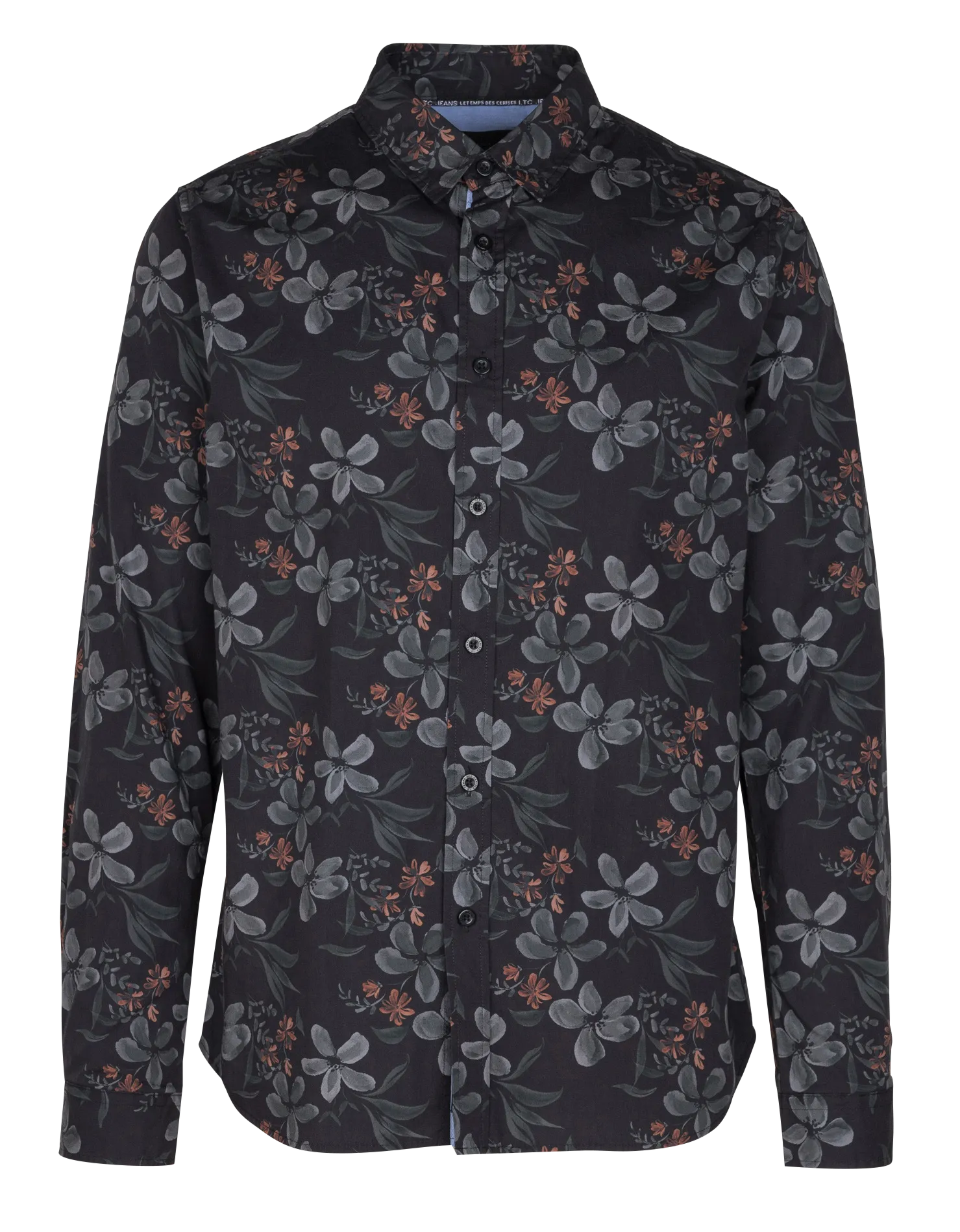 RIKEL - Camisa clásica de cuello recto con estampado floral de algodón en negro