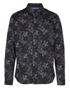 RIKEL - Camisa clásica de cuello recto con estampado floral de algodón en negro