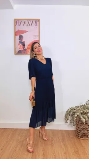 Vestido Plisado Midi Azul