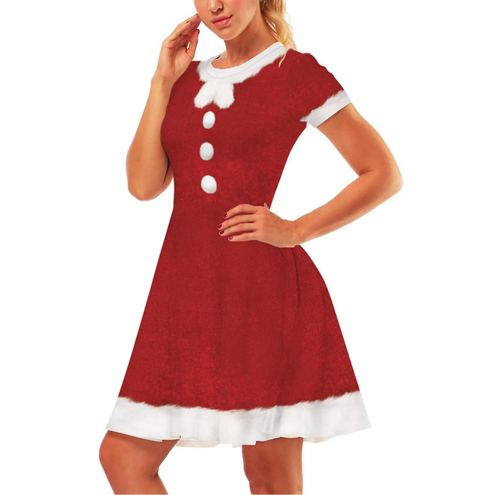 Women Red And Green Christmas Santa Dress Short Sleeve Round Neck Dress For Women Mother