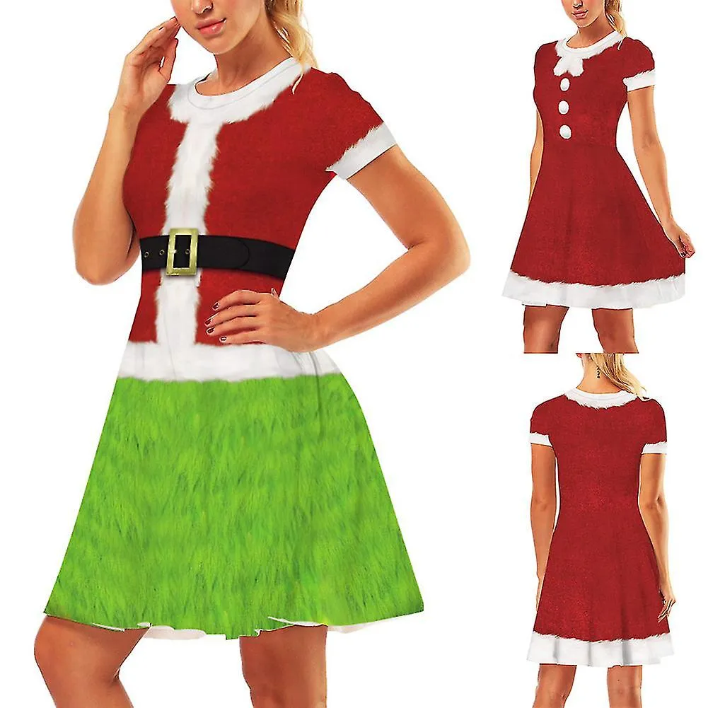 Women Red And Green Christmas Santa Dress Short Sleeve Round Neck Dress For Women Mother