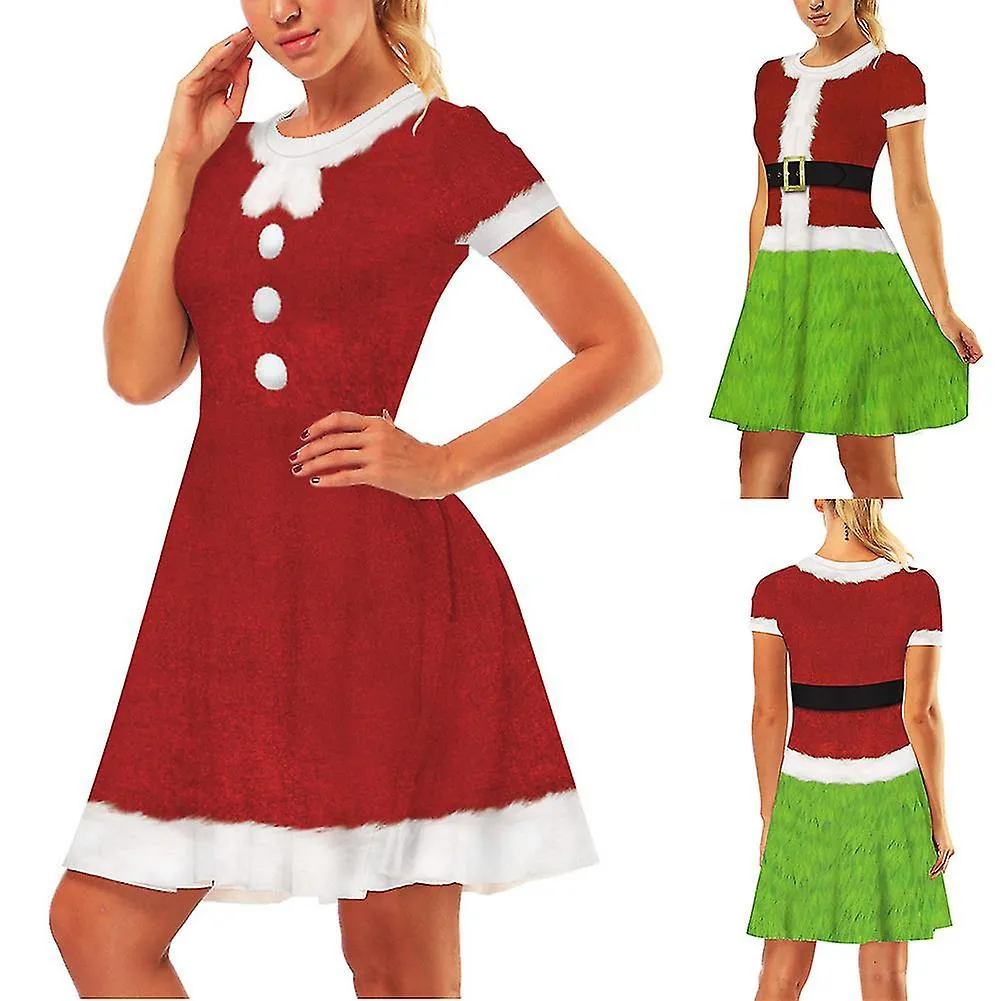 Women Red And Green Christmas Santa Dress Short Sleeve Round Neck Dress For Women Mother