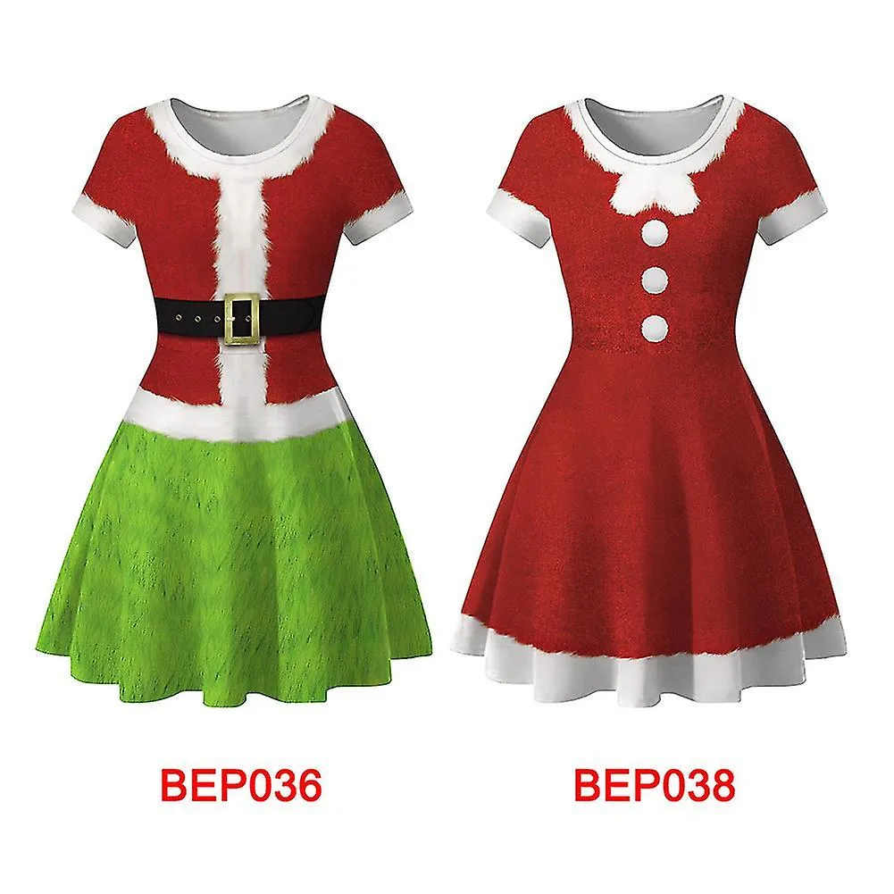 Women Red And Green Christmas Santa Dress Short Sleeve Round Neck Dress For Women Mother