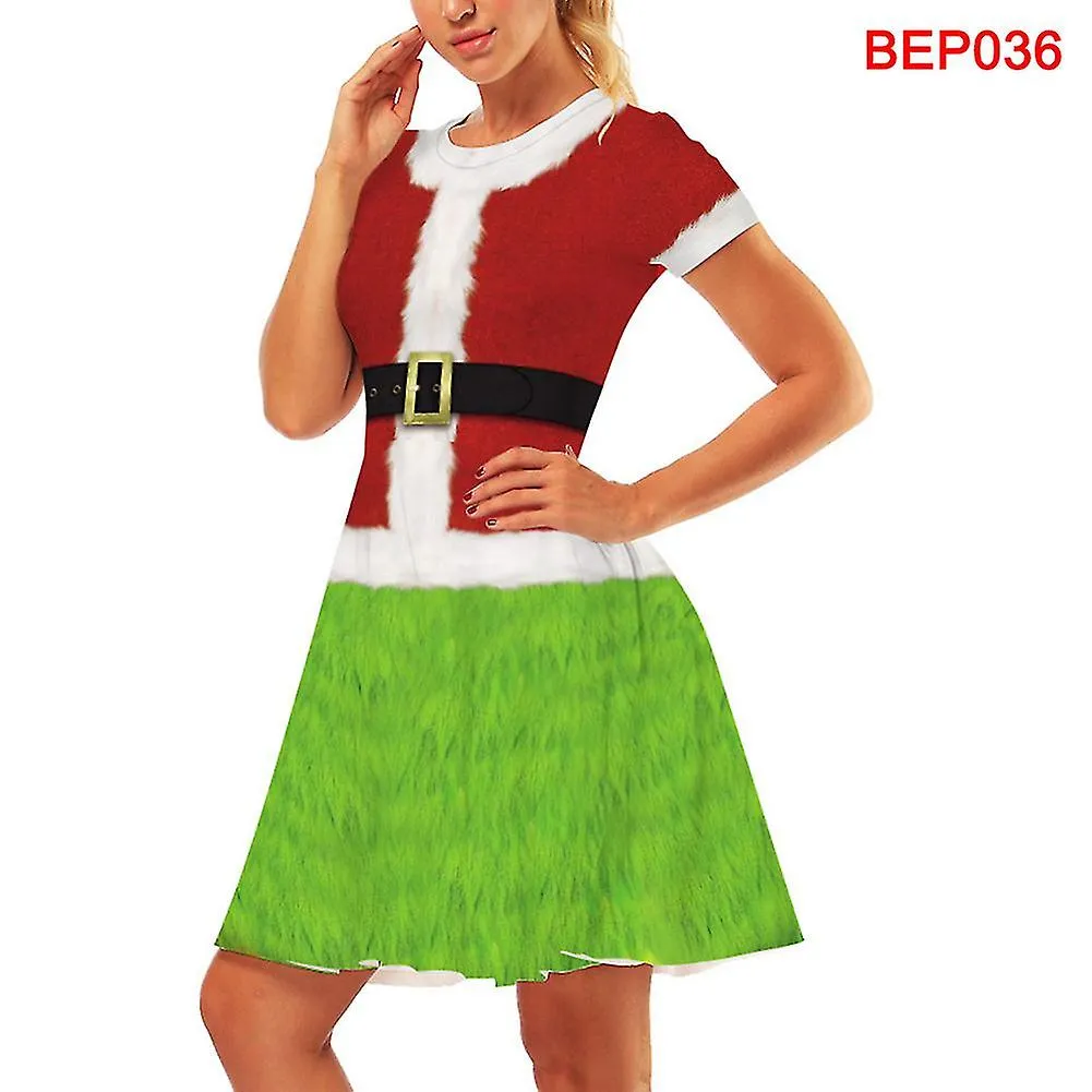 Women Red And Green Christmas Santa Dress Short Sleeve Round Neck Dress For Women Mother