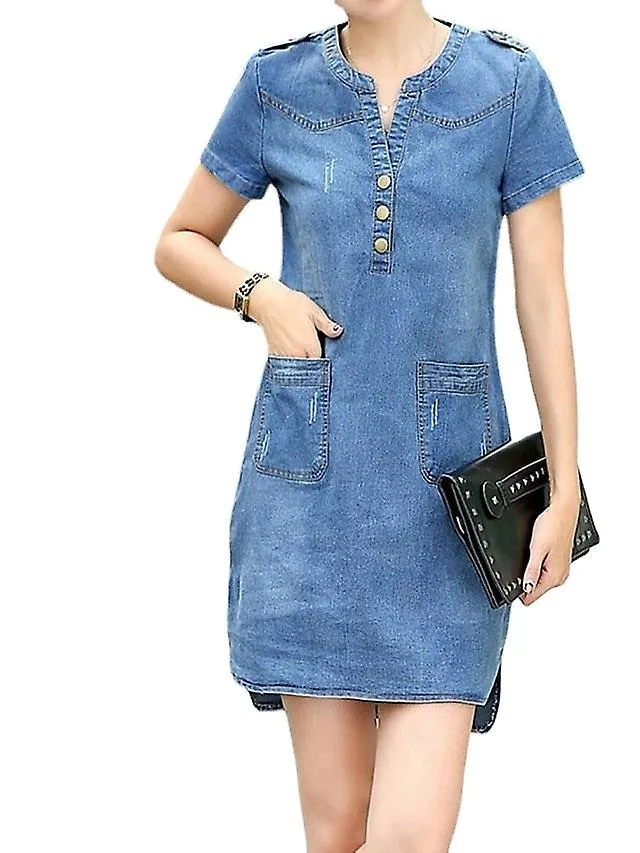 Women's Denim Mini Dress - V Neck, Short Sleeve with Pockets for Summer