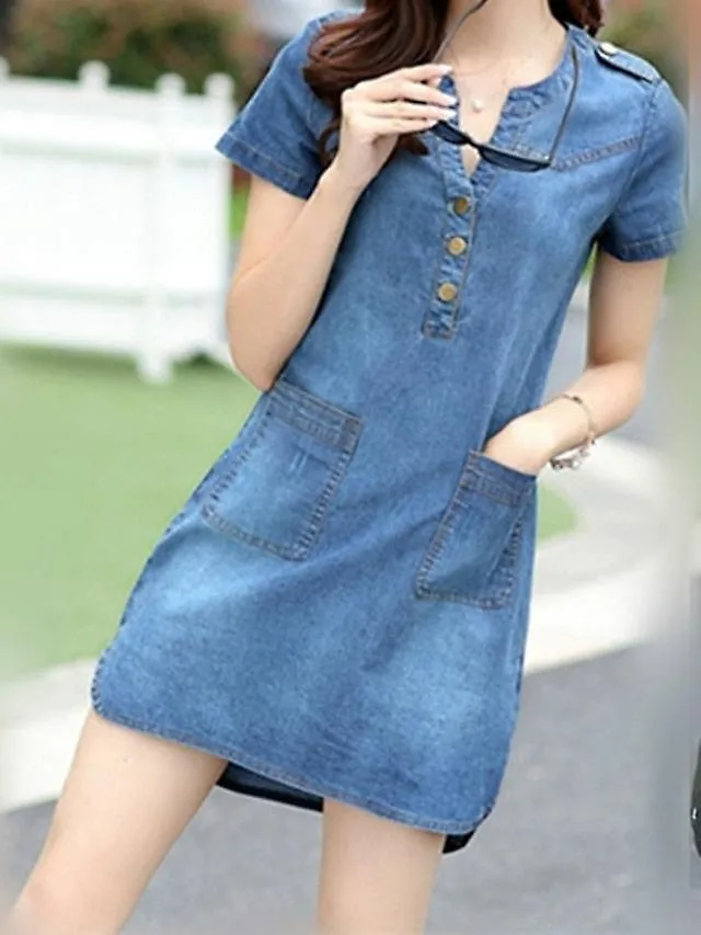 Women's Denim Mini Dress - V Neck, Short Sleeve with Pockets for Summer